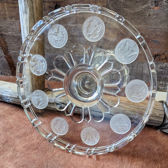 Antique 1892 Silver Dollar Glass Pedestal Cake Stand W Frosted Morgan Dollar - Picture 3 of 15